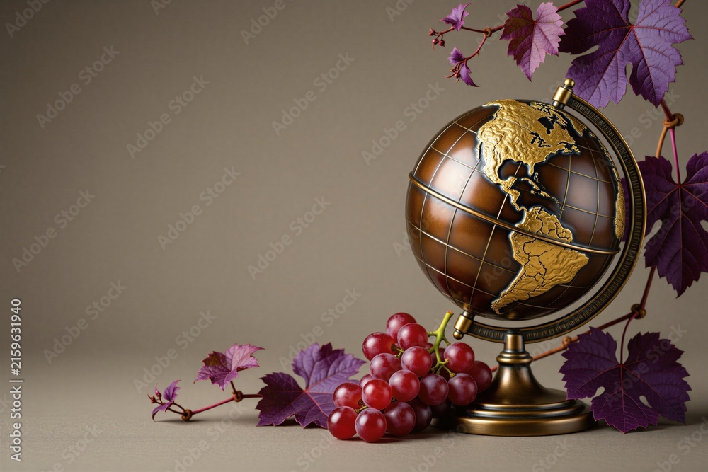 Naklejka premium Bronze globe with golden continents rests near red grapes and purple vine leaves. Autumnal still life composition implies global wine industry harvest. Background copy space.
