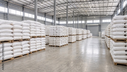 Commercial Rice Warehouse with Bulk White Sacks for Food Supply and Distribution
