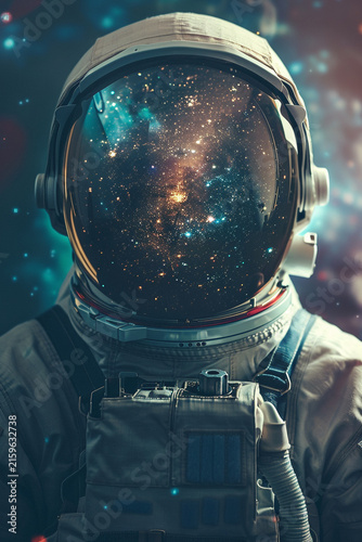 Close up portrait of an astronaut helmet reflecting a glowing nebula and starry galaxy in deep space with astronaut reflection universe astronomy