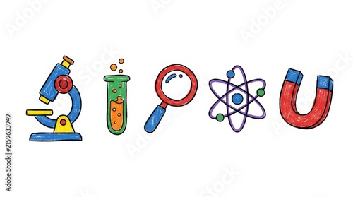 Hand Drawn Science Icon Set with Microscope Atom and Magnet