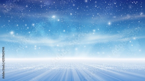 Cold, starry sky blankets a glistening, snowcovered landscape.