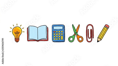 Set of colorful hand drawn school supplies and education icons