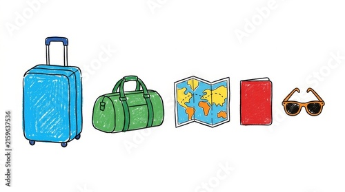 Hand Drawn Travel Essentials with Luggage Map Passport and Sunglasses