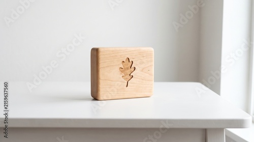 Minimalist Wooden Block with Leaf Cutout on White Table Displaying Natural Aesthetic