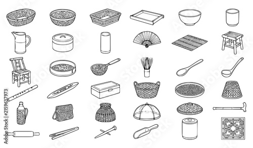 Traditional bamboo craft products, woven household items, natural rattan accessories, and rustic Asian utensils line art vector icons set isolated on white background
