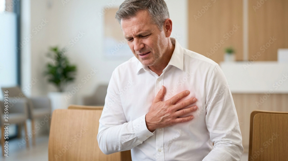 Fototapeta premium Man clutching chest in pain, experiencing heart attack symptoms in waiting room.