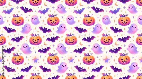 Halloween seamless pattern features cute smiling pumpkins, flying bats, and friendly ghosts on a light background.