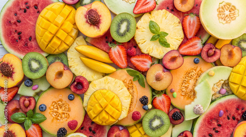 Flat lay pattern of colorful assorted fresh summer fruits including watermelon mango kiwi pineapple and berries