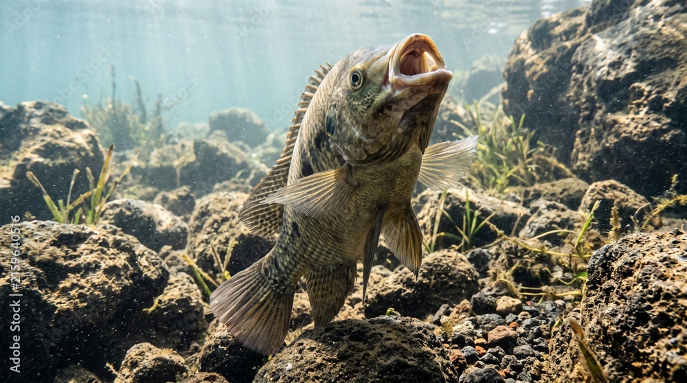 Obraz premium Underwater view of fish swimming among rocks and plants in clear water