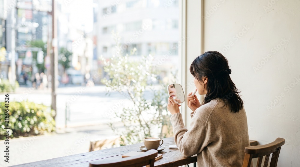 Fototapeta premium カフェの窓辺でリップクリームを塗る女性の日常ケア