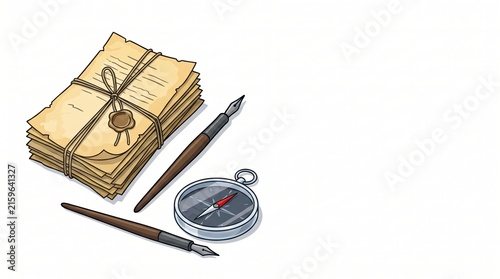 Vintage Travel Illustrations with Compass, Quill, and Sealed Manuscript Package