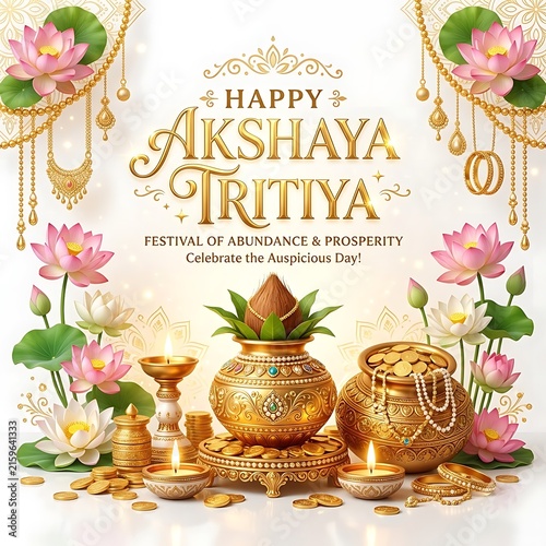 Happy Akshaya Tritiya festival greeting card with golden kalash and lotus flowers.