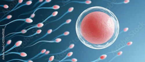 Sperm cells swimming towards egg cell 3D medical render, fertilization process, human reproduction science medical illustration
