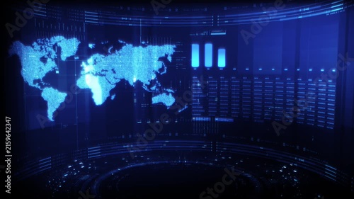 Futuristic global financial data visualization, world map and digital globe with candlestick chart, stock trading analytics, forex market dashboard, fintech infographic, big data interface