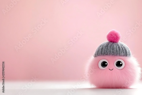 Adorable pink plush toy with knitted hat