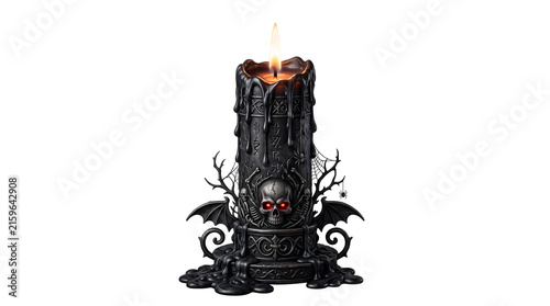 Eerie black gothic candle with dripping wax, bright burning flame and dark ornamental details, isolated Halloween PNG