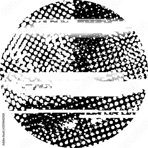 Glitch distorted grunge layer circle . Noise destroyed texture . Trendy defect error shapes . Overlay grunge texture . Distressed effect .Vector shapes with a halftone dots screen print texture.