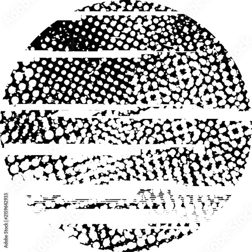 Glitch distorted grunge layer circle . Noise destroyed texture . Trendy defect error shapes . Overlay grunge texture . Distressed effect .Vector shapes with a halftone dots screen print texture.
