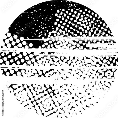 Glitch distorted grunge layer circle . Noise destroyed texture . Trendy defect error shapes . Overlay grunge texture . Distressed effect .Vector shapes with a halftone dots screen print texture.