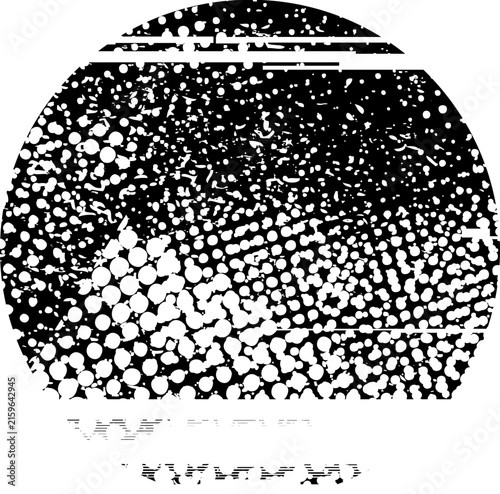Glitch distorted grunge layer circle . Noise destroyed texture . Trendy defect error shapes . Overlay grunge texture . Distressed effect .Vector shapes with a halftone dots screen print texture.