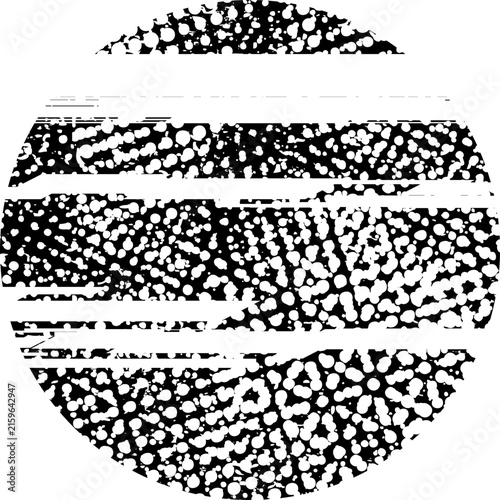 Glitch distorted grunge layer circle . Noise destroyed texture . Trendy defect error shapes . Overlay grunge texture . Distressed effect .Vector shapes with a halftone dots screen print texture.