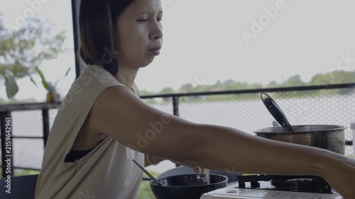 Asian Woman Cooking Northern Thai Spicy Noodle Soup