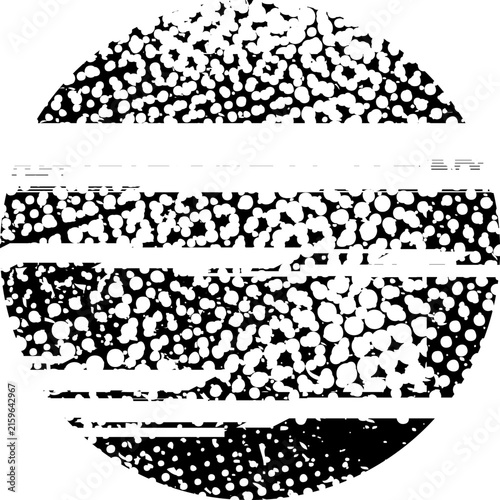 Glitch distorted grunge layer circle . Noise destroyed texture . Trendy defect error shapes . Overlay grunge texture . Distressed effect .Vector shapes with a halftone dots screen print texture.
