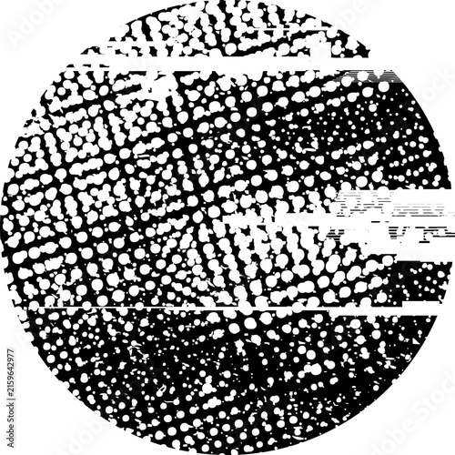 Glitch distorted grunge layer circle . Noise destroyed texture . Trendy defect error shapes . Overlay grunge texture . Distressed effect .Vector shapes with a halftone dots screen print texture.