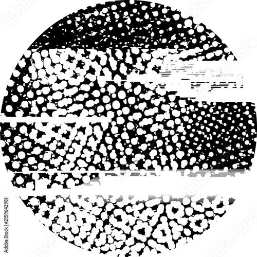 Glitch distorted grunge layer circle . Noise destroyed texture . Trendy defect error shapes . Overlay grunge texture . Distressed effect .Vector shapes with a halftone dots screen print texture.