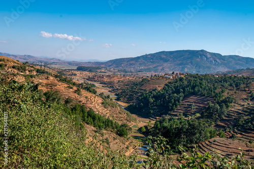 Quadro su tela Highland Landscape with Terraced Fields and Village Near Ranomafana, Madagascar