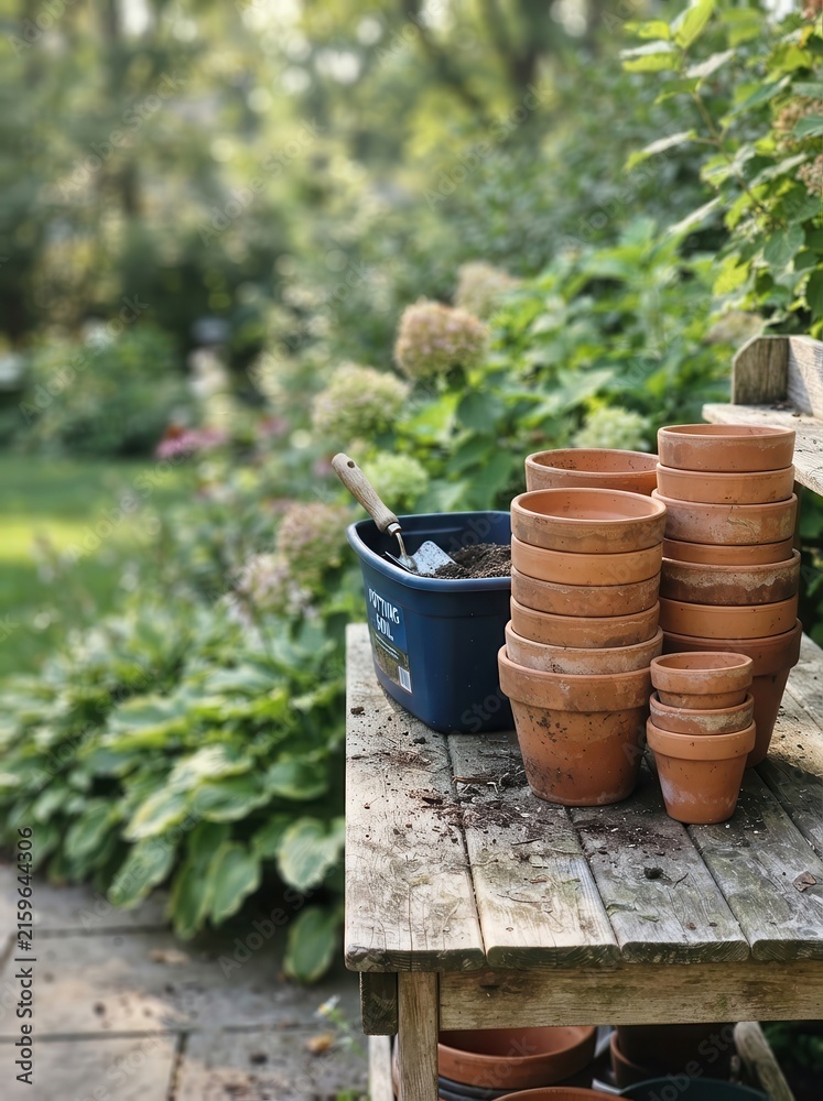 Obraz premium Rustic Gardening Scene with Stacked Terracotta Pots and Potting Soil on a Weathered Wooden Table in a Lush Serene Backyard Garden Setting