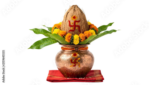 Beautiful traditional Durga Puja kalash with mango leaves and coconut, isolated on pure transparent background