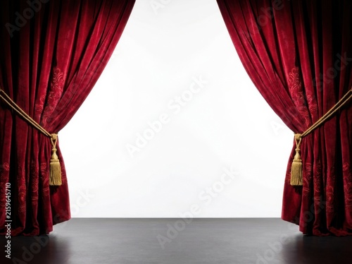 Open red theater curtains with tassels framing empty white stage background for dramatic performance