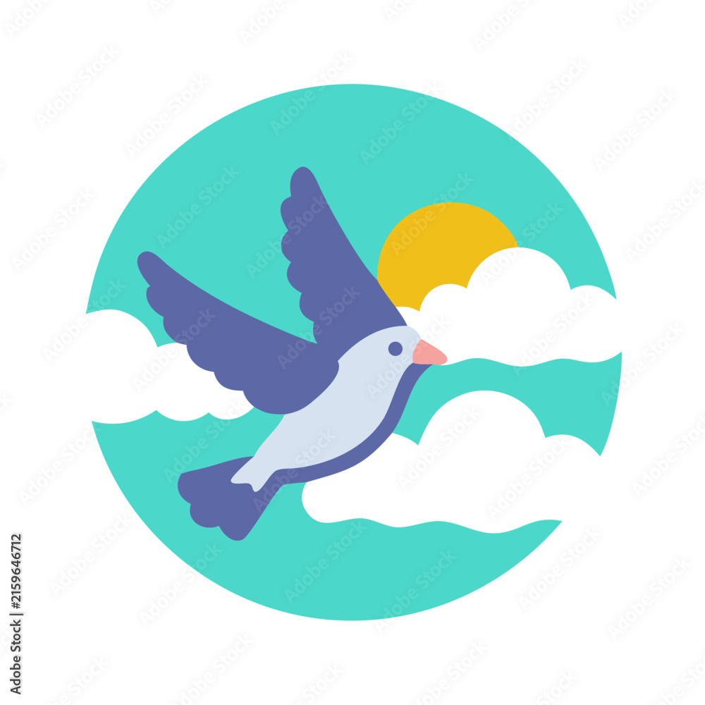 Naklejka premium Stylized dove flying against the sun through dark clouds
