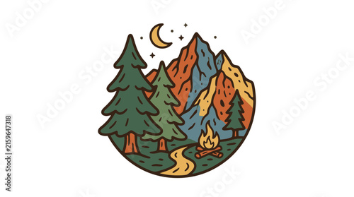 Elegant of Campfire in Forest with Contrasting Mountain Scenery Under Night Sky with high quality professional line art symbols for modern creative design and digital branding projects