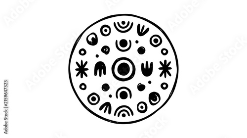 Industrial Minimalist Black and White Circular Pattern with Abstract Shapes and Symbols for Modern Design