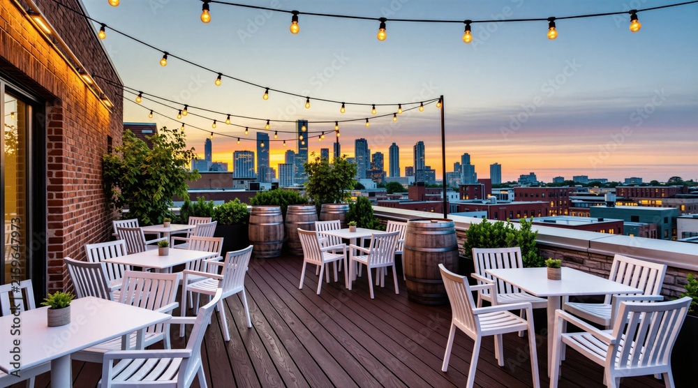 Fototapeta premium Empty rooftop terrace at sunset overlooking city skyline. Modern urban outdoor space features white chairs tables wooden barrels string lights brick walls plants. Beautiful evening light illuminates