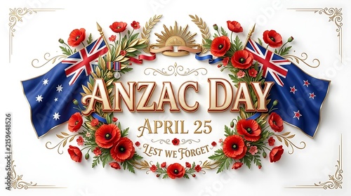 ANZAC Day commemorative poster with red poppy flowers and Australian flag design