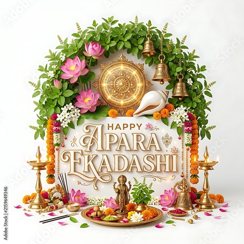 Happy Apara Ekadashi festival greeting card with traditional Hindu religious decorations