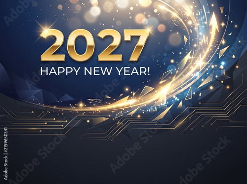 festive tech background with golden 2027 happy new year inscription and glowing arrows on circuit