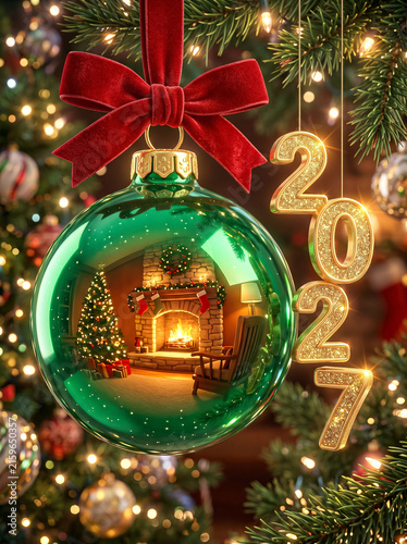 green glass bauble with reflection of cozy room with fireplace and christmas tree near golden 2027