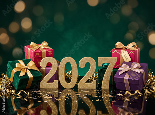 golden 2027 numbers with bright gift boxes on dark green background for new year