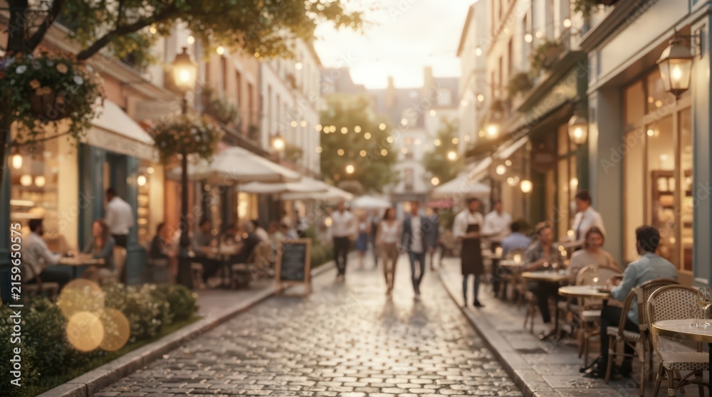 Fototapeta premium charming cobblestone street at sunset with outdoor cafe seating, pedestrians walking, warm golden hour lighting, European town atmosphere.