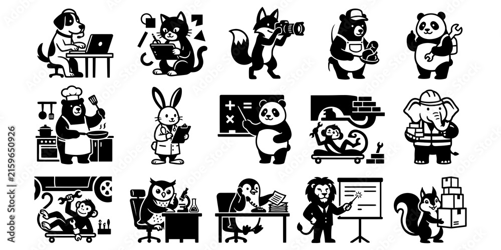 Naklejka premium Cartoon Animals in Various Professional and Everyday Scenarios.