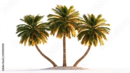 Three Realistic Palm Trees Standing Tall on a Sandy Island.