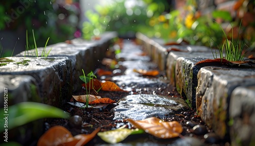 Autumn leaves floating in a shallow stone stream.