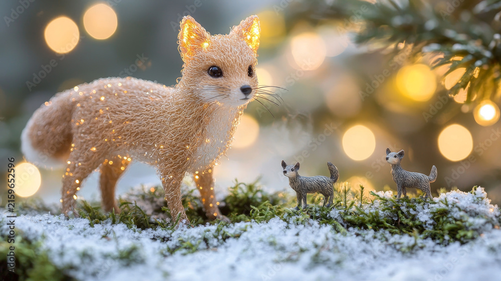 Fototapeta premium Fairy tale fox figurine glowing lights winter forest snow moss miniature animals magical festive enchanted whimsical scene holiday decor