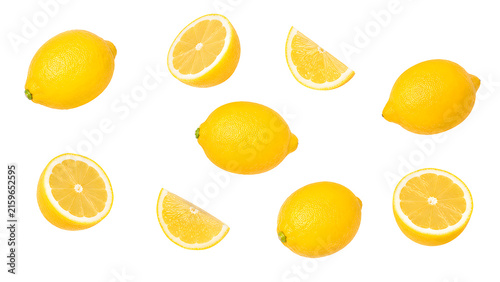 Fresh Lemons and Lemon Slices Isolated on White Background
