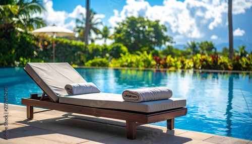Luxury Poolside Lounge Chairs with Tropical Palm Trees.