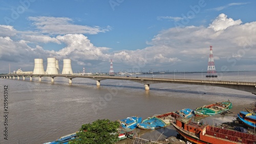 Nuclear power station and bridge over a wide river